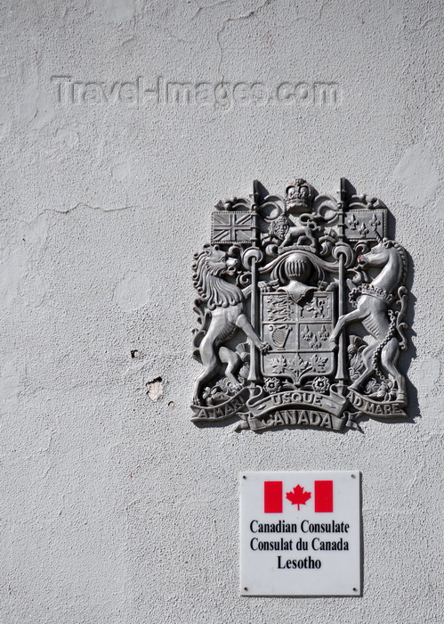 lesotho10: Maseru, Lesotho: Canadian coat of arms - reflects the royal symbols of England, Scotland, Ireland and France, the three royal lions of England, the royal lion of Scotland, the royal fleurs-de-lis of France and the royal Irish harp of Tara, while a sprig of three Canadian maple leaves representative of Canadians of all origins - Canadian consulate - Consulat du Canada- photo by M.Torres - (c) Travel-Images.com - Stock Photography agency - Image Bank