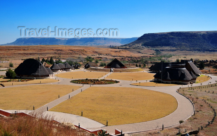 lesotho80: Thaba Bosiu, Lesotho: Thaba Bosiu Cultural Village seen from above - built to showcase Lesotho’s traditional and cultural heritage - photo by M.Torres - (c) Travel-Images.com - Stock Photography agency - Image Bank