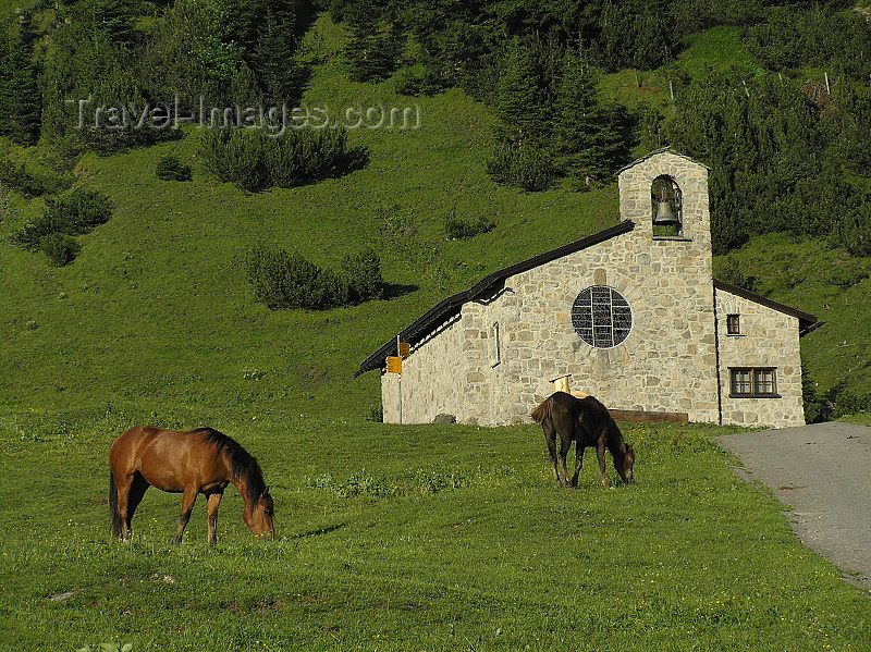 liech46: Liechtenstein - Malbun: horses and church - photo by J.Kaman - (c) Travel-Images.com - Stock Photography agency - Image Bank