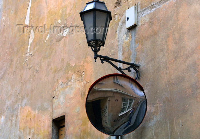 lithuania225:  Vilnius, Lithuania: back street - mirror and lamp - photo by A.Dnieprowsky - (c) Travel-Images.com - Stock Photography agency - Image Bank