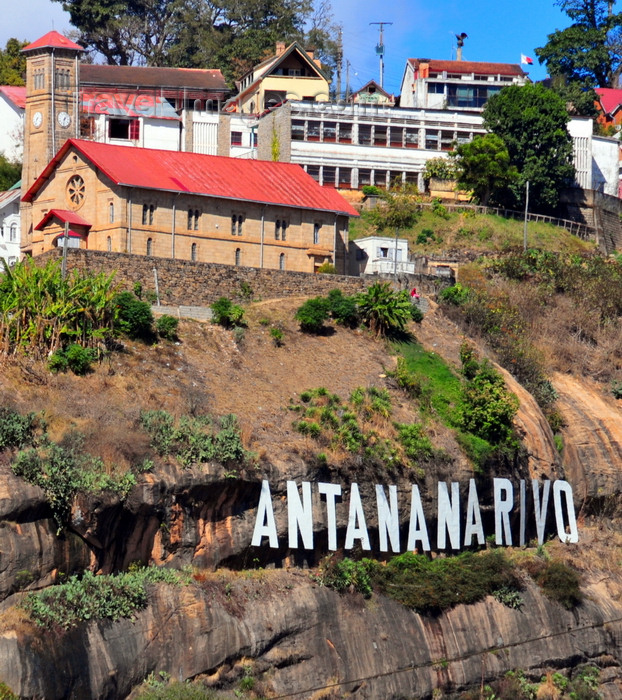 madagascar335: Antananarivo / Tananarive / Tana - Analamanga region, Madagascar: Hollywood style Antananarivo sign on the cliffs - Ampamarinana protestant church and the falaise de Ampamarinana - photo by M.Torres - (c) Travel-Images.com - Stock Photography agency - Image Bank