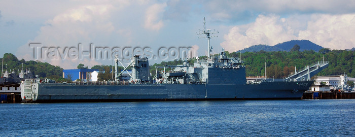 mal440: Navy ship and port - Royal Malaysian Navy 1505 KD Sri Inderapura, Newport Class Amphibious Assault Ship, former USS Spartanburg County (LST-1192) - Pangkor Island, Malaysia. photo by B.Lendrum - (c) Travel-Images.com - Stock Photography agency - Image Bank