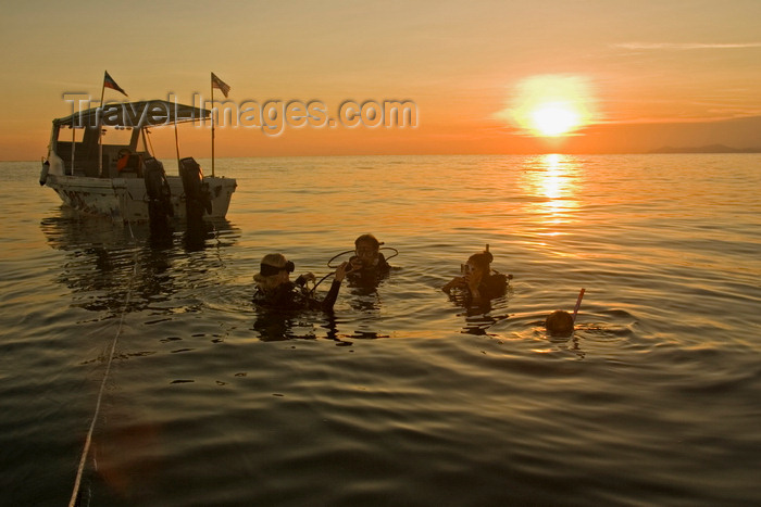 mal598: Pulau Mabul, Sabah, Borneo, Malaysia: divers descending during sunset - photo by S.Egeberg - (c) Travel-Images.com - Stock Photography agency - Image Bank
