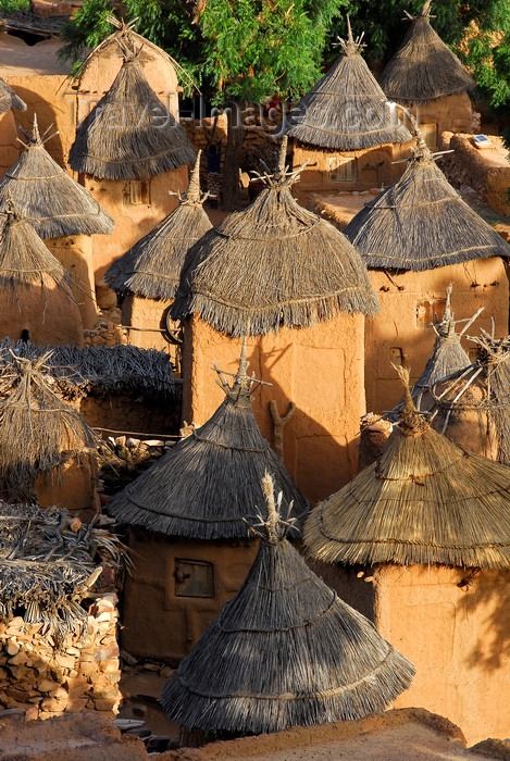 mali68: Bandiagara Escarpment, Dogon country, Mopti region, Mali: Songo village - thatched huts used as granaries - photo by J.Pemberton - (c) Travel-Images.com - Stock Photography agency - Image Bank