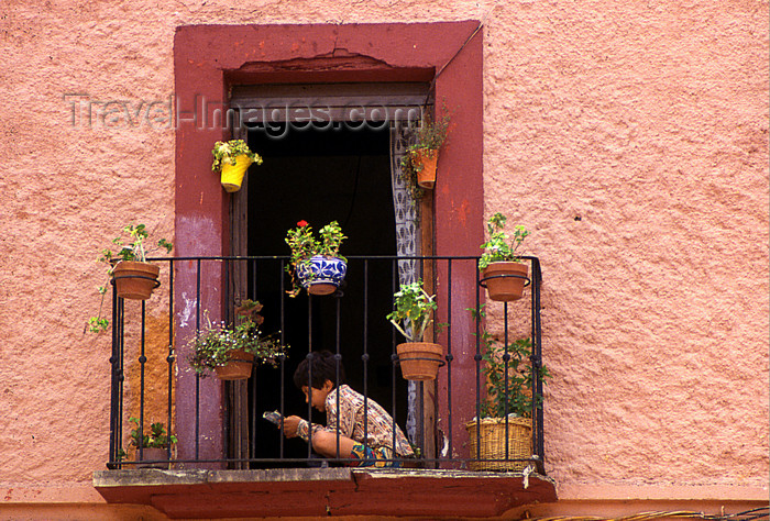 mexico359: Guanajuato City: boy reading - balcony with plower pots - photo by Y.Baby - (c) Travel-Images.com - Stock Photography agency - Image Bank