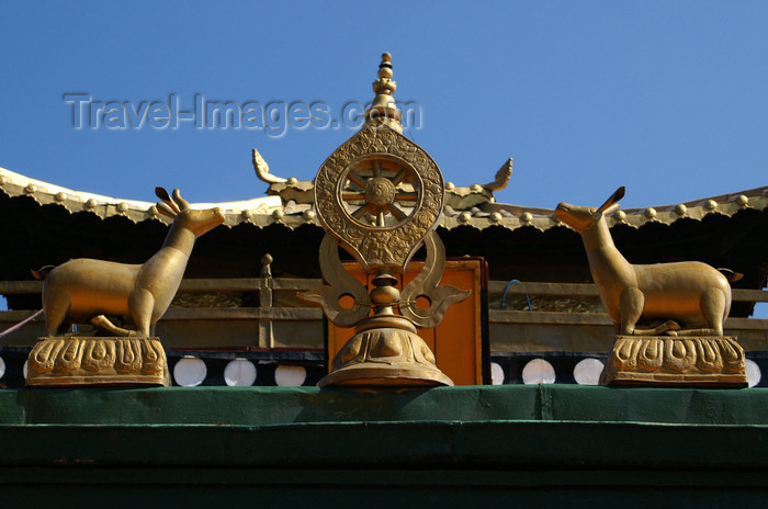 mongolia115: Ulan Bator / Ulaanbaatar, Mongolia: golden Dharmachakra and the deer of Sanarth - Buddhist symbols, Gandan Khiid Monastery - photo by A.Ferrari - (c) Travel-Images.com - Stock Photography agency - Image Bank