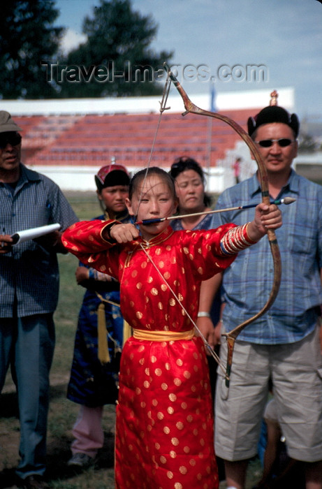 mongolia12: Mongolia - Ulan Bator: Naadam festival - archer in action - photo by A.Summers - (c) Travel-Images.com - Stock Photography agency - Image Bank