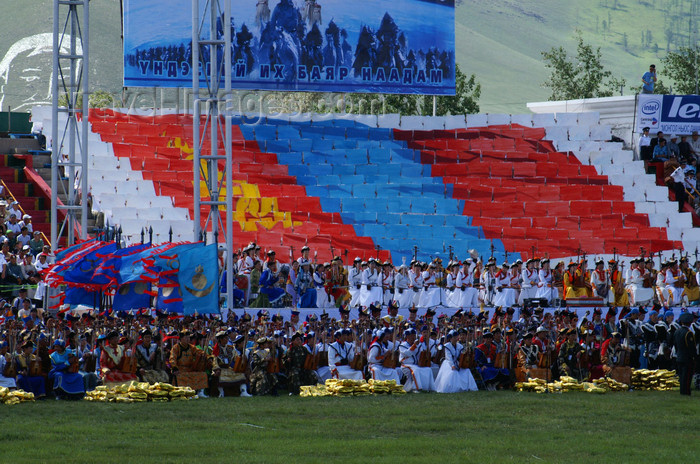 mongolia126: Ulan Bator / Ulaanbaatar, Mongolia: Naadam festival - giant flag and singers at the opening ceremony - photo by A.Ferrari - (c) Travel-Images.com - Stock Photography agency - Image Bank