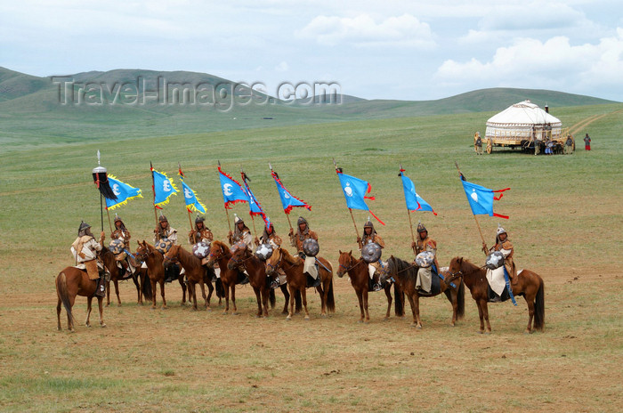 mongolia152: Ulan Bator / Ulaanbaatar, Mongolia: flag bearers - cavalry charge to celebrate the 800th anniversary of the Mongolian state -  - photo by A.Ferrari - (c) Travel-Images.com - Stock Photography agency - Image Bank