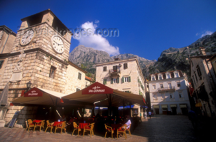 montenegro200: Montenegro - Kotor: clock tower, café and castle - photo by D.Forman - (c) Travel-Images.com - Stock Photography agency - Image Bank