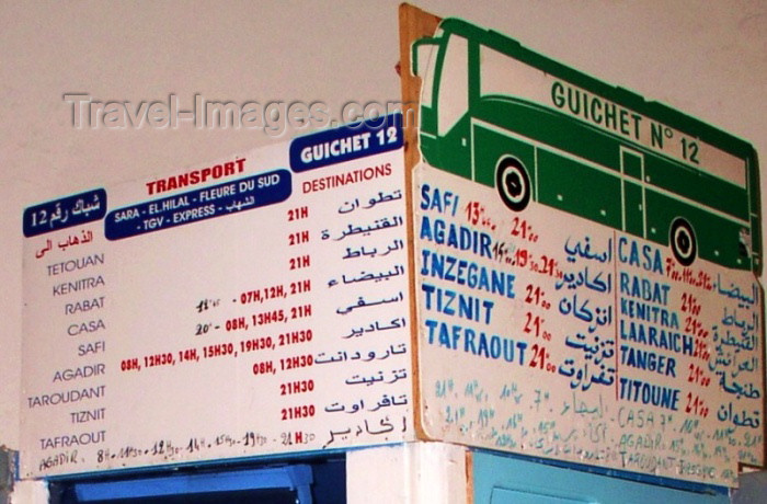 moroc191: Morocco / Maroc - Mogador / Essaouira: schedules at the bus station - photo by J.Kaman - (c) Travel-Images.com - Stock Photography agency - Image Bank