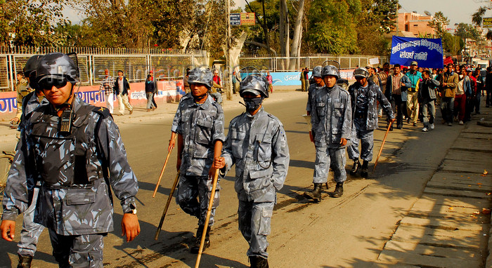 nepal133: Kathmandu, Nepal: policemen lead a teachers' demonstration - photo by E.Petitalot - (c) Travel-Images.com - Stock Photography agency - Image Bank