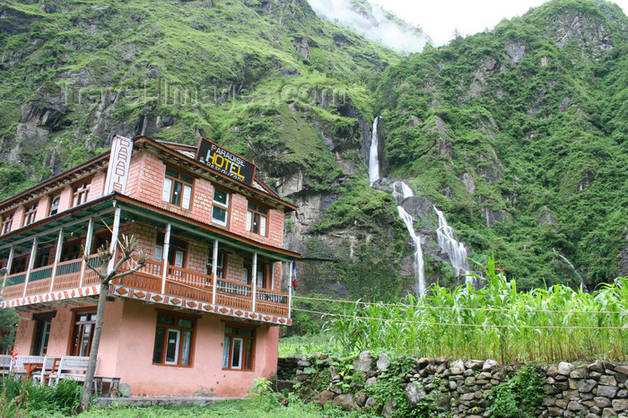 nepal317: Tal, Annapurna region, Gandaki Zone, Nepal: waterfalls and Paradise hotel - Annapurna Circuit Trek - photo by M.Wright - (c) Travel-Images.com - Stock Photography agency - Image Bank