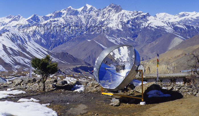 nepal368: Annapurna area, Nepal: solar thermal collector - parabolic dish and mountains - photo by W.Allgöwer - (c) Travel-Images.com - Stock Photography agency - Image Bank