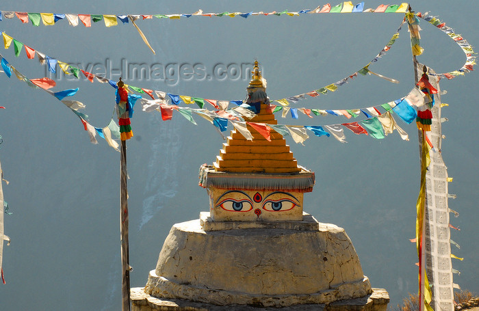 nepal403: Namche Bazaar, Khumbu region, Solukhumbu district, Sagarmatha zone, Nepal: Buddhist chorten and prayers flags - eyes of wisdom and compassion - tarcho - photo by E.Petitalot - (c) Travel-Images.com - Stock Photography agency - Image Bank