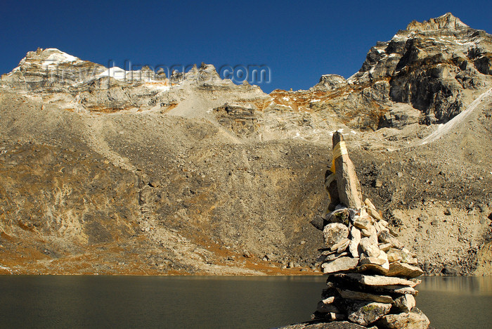 nepal404: Khumbu region, Solukhumbu district, Sagarmatha zone, Nepal: a cairn in a front of an altitude lake - photo by E.Petitalot - (c) Travel-Images.com - Stock Photography agency - Image Bank
