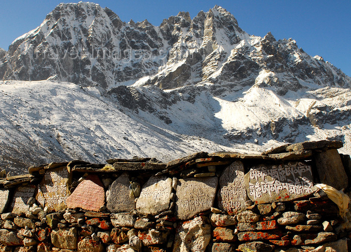 nepal415: Khumbu region, Solukhumbu district, Sagarmatha zone, Nepal: Gokyo - prayers engraved and painted on mani stones - photo by E.Petitalot - (c) Travel-Images.com - Stock Photography agency - Image Bank