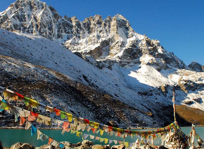 nepal417: Khumbu region, Solukhumbu district, Sagarmatha zone, Nepal: prayer flags in front of Gokyo lake - tarcho - photo by E.Petitalot - (c) Travel-Images.com - Stock Photography agency - Image Bank