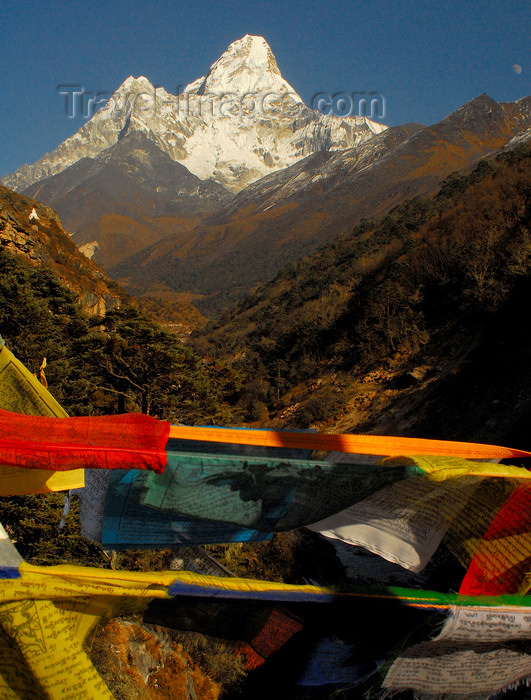 nepal418: Khumbu region, Solukhumbu district, Sagarmatha zone, Nepal: prayer flags and Ama Dablam mountain, 6,812 m - the 'Mother and Pearl Necklace' - photo by E.Petitalot - (c) Travel-Images.com - Stock Photography agency - Image Bank