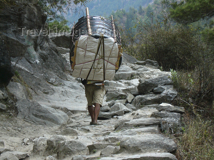 nepal43: Marsyangdi Valley, Gandaki Zone, Nepal: cargo - porter climbing - Annapurna Circuit - photo by M.Samper - (c) Travel-Images.com - Stock Photography agency - Image Bank