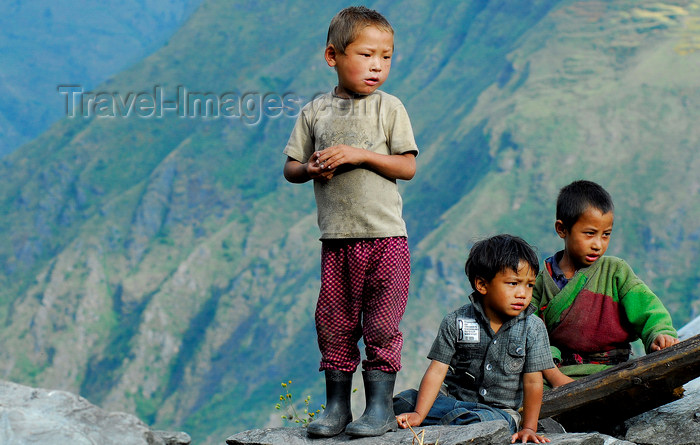 nepal81: Nepal - Langtang region - poor children on a roof, looking down, mountains of Langtang national park in the background - photo by E.Petitalot - (c) Travel-Images.com - Stock Photography agency - Image Bank