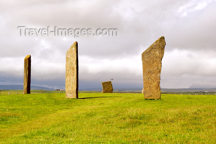 orkney37: Orkney island, Mainland - Standing at a maximum height of six metres (around 19 feet) on the south-eastern shore of the Stenness Loch, only four of the ring's original 12 stones remain. Radio-carbon dates have shown that the site dates from at least 3100B - (c) Travel-Images.com - Stock Photography agency - the Global Image Bank