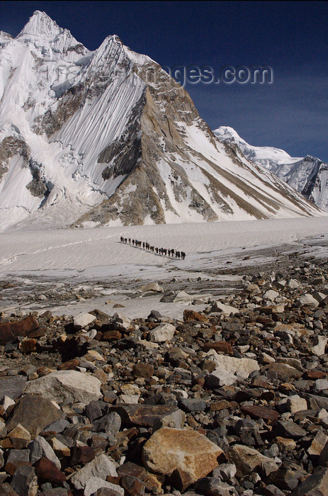 pakistan121: Pakistan - Baltoro Glacier - Karakoram mountains - Himalayan range - Northern Areas: Balti porters cross the Baltoro Glacier - photo by A.Summers - (c) Travel-Images.com - Stock Photography agency - Image Bank