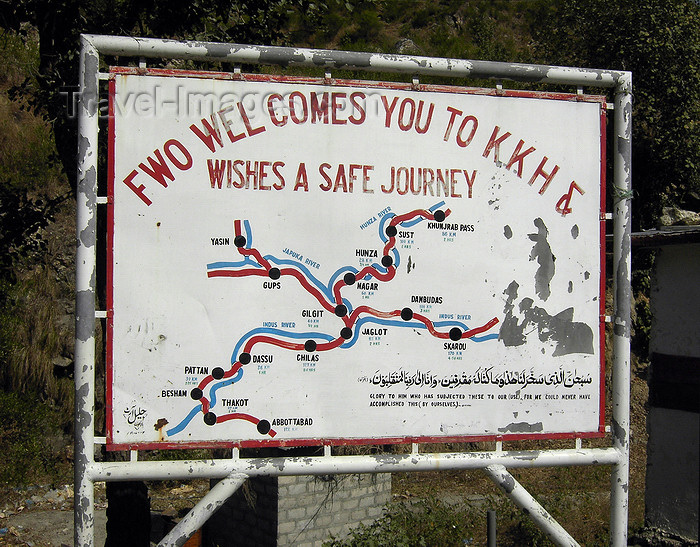 pakistan156: Indus Valley - North-West Frontier, Pakistan: welcome sign and map of the Karakoram Highway - N35 - KKH, by the Frontier Works Organization - FWO - the world's highest paved international road, built by the Pakistan Army Corps of Engineers - photo by D.Steppuhn - (c) Travel-Images.com - Stock Photography agency - Image Bank