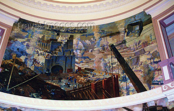 panama31: Panama - Balboa: Panama Canal Administration Building: dramatic mural of Miraflores lock culvert construction, adorning the cupola, by W.B. Van Ingen - photo by G.Frysinger - (c) Travel-Images.com - Stock Photography agency - Image Bank