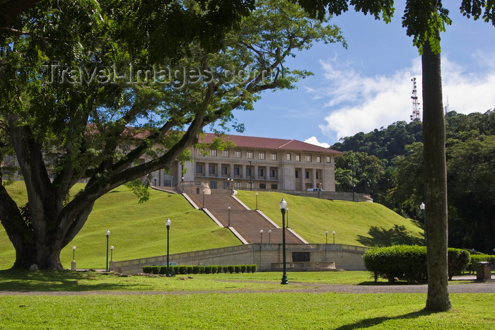 panama506: Panama canal: corutu tree and Panama Canal Authority Administration building - landscape architect William Lyman Phillips - Balboa - photo by H.Olarte - (c) Travel-Images.com - Stock Photography agency - Image Bank