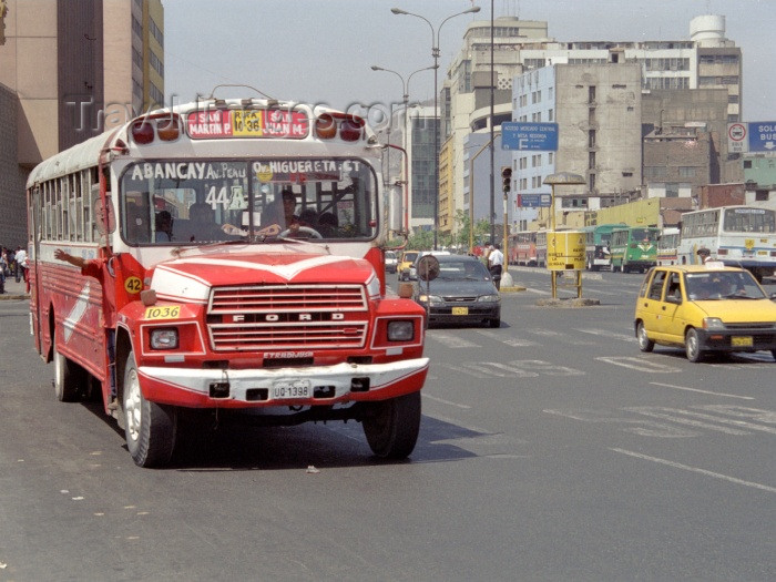 peru53: Lima, Peru: traffic - red Ford bus - photo by M.Bergsma - (c) Travel-Images.com - Stock Photography agency - Image Bank