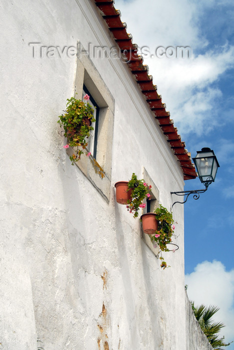 portugal-le84: Óbidos, Portugal: white house with hanging vases - casa branca com vasos pendurados - photo by M.Durruti - (c) Travel-Images.com - Stock Photography agency - Image Bank