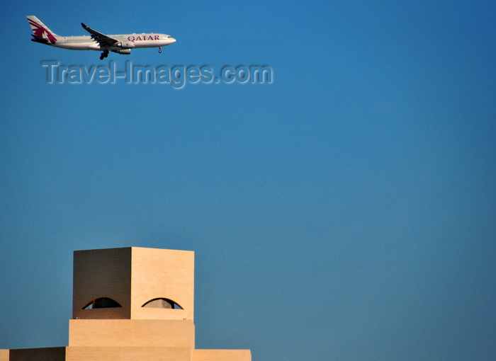 qatar32: Doha, Qatar: Qatari icons - Museum of Islamic Art and Qatar Airways Airbus A330 on final approach to Doha airport - photo by M.Torres - (c) Travel-Images.com - Stock Photography agency - Image Bank