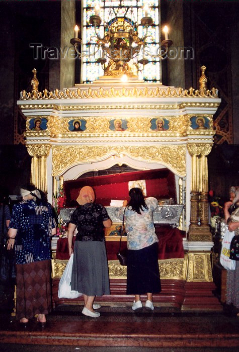 romania19: Iasi: Moldavian Metropolitan Cathedral - worshiping the coffin of St Paraschiva / St Friday - photo by M.Torres - (c) Travel-Images.com - Stock Photography agency - Image Bank