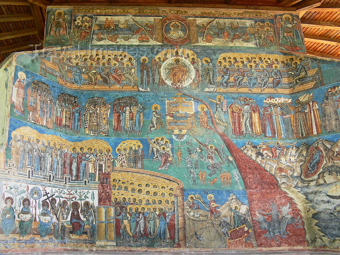 romania5: Gura Humorului area, Suceava county, southern Bukovina, Romania: frescoes over azurite  - exterior of the Humor Monastery - UNESCO world heritage site - photo by J.Kaman - (c) Travel-Images.com - Stock Photography agency - Image Bank