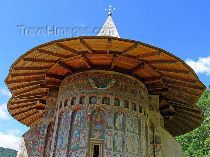 romania83: Gura Humorului, Suceava county, southern Bukovina, Romania: Voronet Monastery - frescoes and roof - katholikon / church of Saint George - photo by J.Kaman - (c) Travel-Images.com - Stock Photography agency - Image Bank