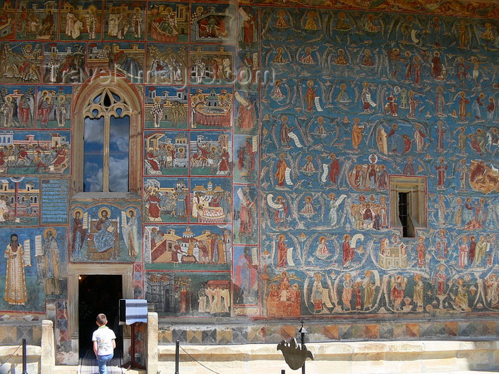 romania87: Gura Humorului, Suceava county, southern Bukovina, Romania: Voronet Monastery - frescoes - figures against azurite background - photo by J.Kaman - (c) Travel-Images.com - Stock Photography agency - Image Bank