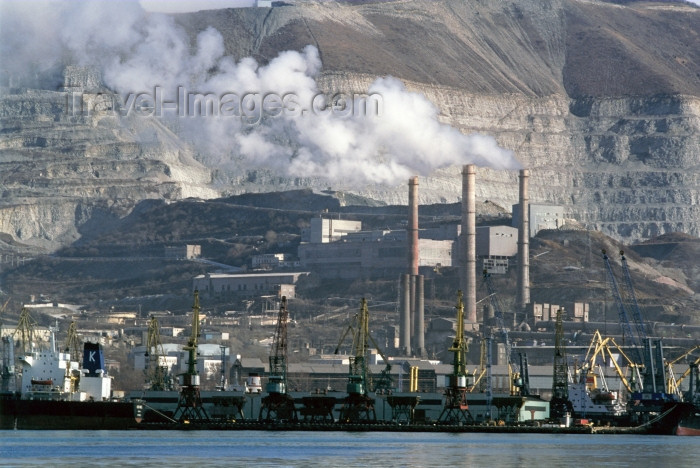 russia393: Russia - Novorossisk - Krasnodar kray: power-station and harbour cranes - smoke stacks - air pollution - photo by V.Sidoropolev - (c) Travel-Images.com - Stock Photography agency - Image Bank