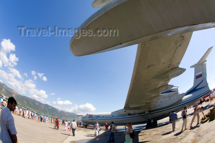 russia740: Russia - Gelendjik - Krasnodar kray: aviation show - Beriev Be A-42 PE, Search and Rescue SAR airplane, powered by propfan engines, sold by Rosoboronexport - seaplane - aircraft - amphibious aircraft - fishey view - - under the portside wing - photo by Vladimir Sidoropolev - (c) Travel-Images.com - Stock Photography agency - Image Bank