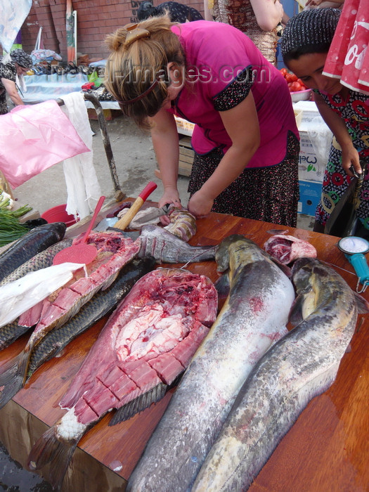 russia787: Chechnya, Russia - Grozny - fishmonger stall - Chechen woman cuts the fish in market - photo by A.Bley - (c) Travel-Images.com - Stock Photography agency - Image Bank