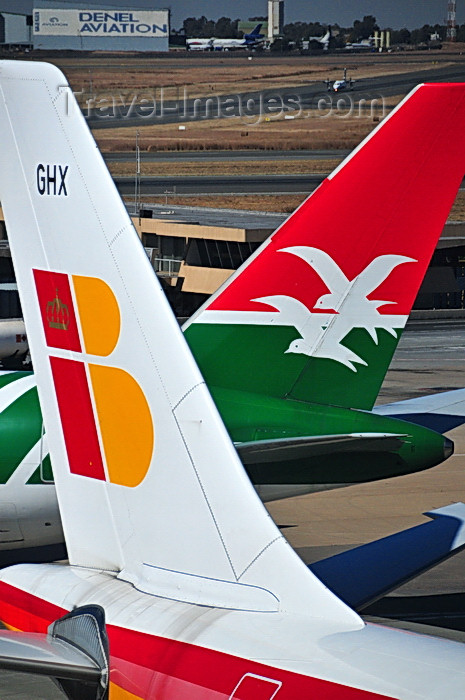 safrica252: Johannesburg, Gauteng, South Africa: Airbus A340 and Boeing 767 aircraft tails - Iberia and Air Seychelles - Iberia Airbus A340-313, EC-GHX 'Rosalia de Castro' and Air Seychelles Boeing 767-219/ER S7-SEZ - OR Tambo International / Johannesburg International Airport / Jan Smuts / JNB - Kempton Park, Ekurhuleni - photo by M.Torres - (c) Travel-Images.com - Stock Photography agency - Image Bank