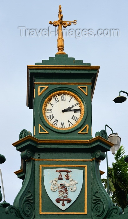 saint-kitts-nevis24: Basseterre, Saint Kitts island, Saint Kitts and Nevis: Berkeley Memorial Clock at the Circus - cast iron structure with four clock faces, coat of arms of the Scottish Berkeley - Georgian architecture - photo by M.Torres - (c) Travel-Images.com - Stock Photography agency - Image Bank