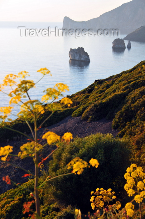 sardinia143: Nebida, Sardinia / Sardegna / Sardigna: limestone stacks on the Gonnesa gulf - Scoglio l'Agosteri - Pano di Zucchero in the background - photo by M.Torres - (c) Travel-Images.com - Stock Photography agency - Image Bank