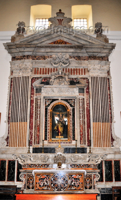 sardinia20: Bari Sardo, Ogliastra province, Sardinia / Sardegna / Sardigna: church of the Virgin of Montserrat - altar with wooden statue of Our Lady of the Rosary, by the Neapolitan artist Gaetano Franzese - photo by M.Torres - (c) Travel-Images.com - Stock Photography agency - Image Bank