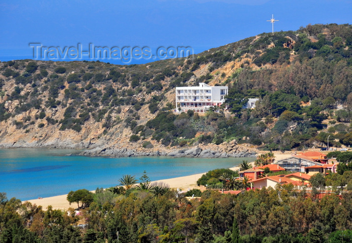 sardinia269: Solanas, Sinnai, Cagliari province, Sardinia / Sardegna / Sardigna: beach on the Golfo di Cagliari - cross and the environmentally incorrect religious rest house of La Scogliera - Spiaggia di Solanas - Campidano di Cagliari
 - photo by M.Torres - (c) Travel-Images.com - Stock Photography agency - Image Bank