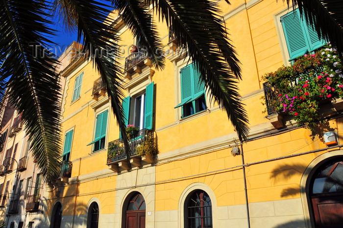 sardinia304: Cagliari, Sardinia / Sardegna / Sardigna: sunny façade under palm tree leaves - Via Santa Croce - quartiere Castello - photo by M.Torres - (c) Travel-Images.com - Stock Photography agency - Image Bank