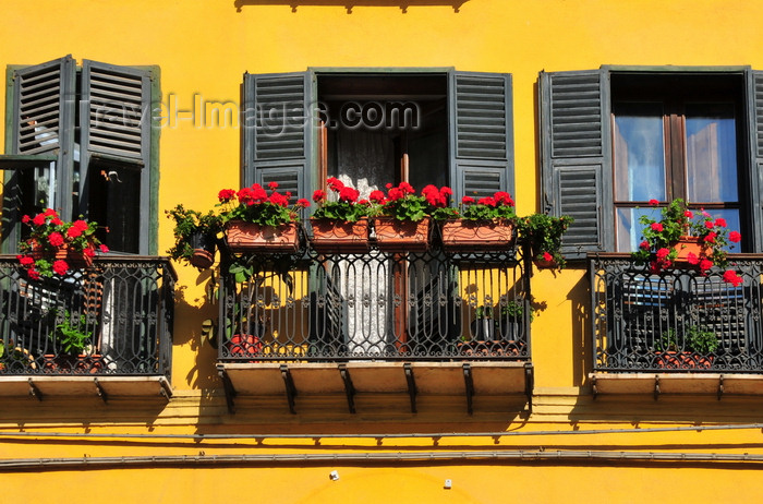 sardinia360: Cagliari, Sardinia / Sardegna / Sardigna: balconies with flower vases on Scalette Santa Chiara - French shutters - quartiere di Stampace - photo by M.Torres - (c) Travel-Images.com - Stock Photography agency - Image Bank