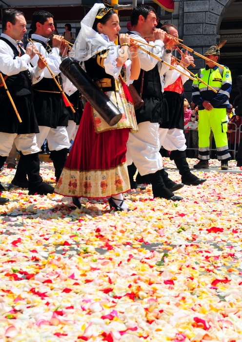 sardinia389: Cagliari, Sardinia / Sardegna / Sardigna: Feast of Sant'Efisio / Sagra di Sant'Efisio - pipers walk over rose petals playing launeddas - triplepipe - typical Sardinian woodwind instrument - paving stones covered in flowers of Via Roma - infiorata - photo by M.Torres - (c) Travel-Images.com - Stock Photography agency - Image Bank