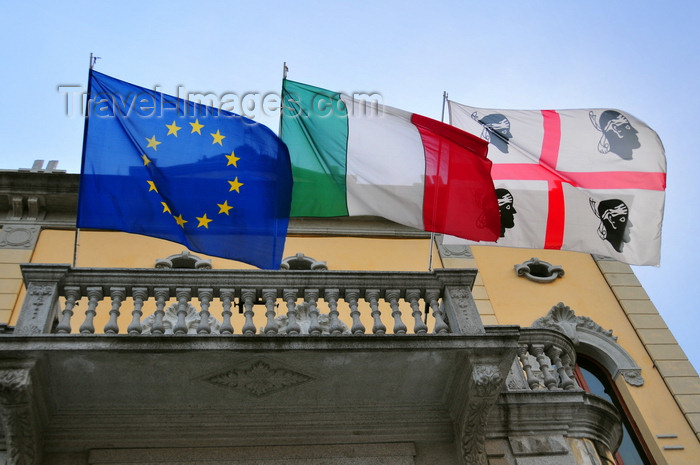 sardinia4: Olbia / Terranoa / Tarranoa, Olbia-Tempio province, Sardinia / Sardegna / Sardigna: European, Italian and Sardinian flags at the City Hall - Municipio di Olbia - photo by M.Torres - (c) Travel-Images.com - Stock Photography agency - Image Bank