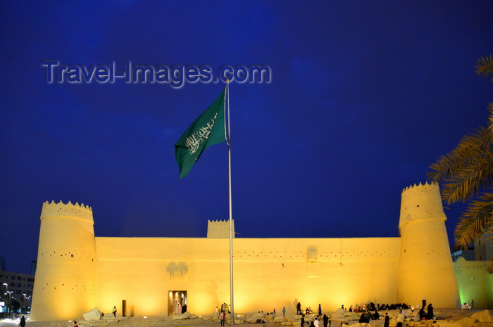 saudi-arabia197: Riyadh, Saudi Arabia: Saudi flag and Al Masmak Fortress at night - Saudi Arabia's main historical location - photo by M.Torres - (c) Travel-Images.com - Stock Photography agency - Image Bank